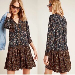 Anthropologie Maeve Marlie Mix Floral Mini Button-Up Chambray Tunic Boxy Dress